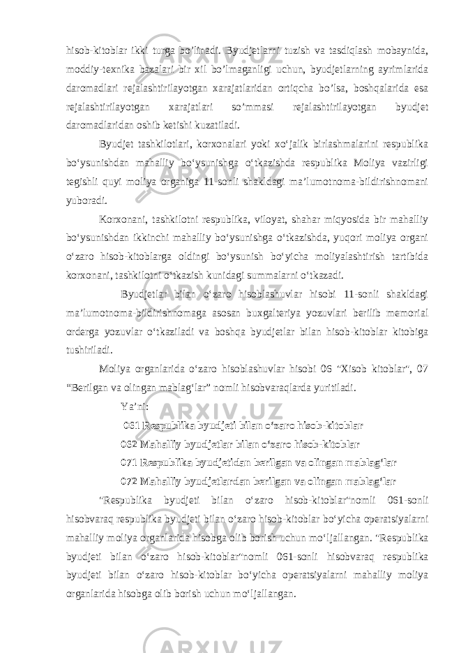 hisob-kitoblar ikki turga bo’linadi. Byudjetlarni tuzish va tasdiqlash mobaynida, moddiy-texnika bazalari bir xil bo’lmaganligi uchun, byudjetlarning ayrimlarida daromadlari rejalashtirilayotgan xarajatlaridan ortiqcha bo’lsa, boshqalarida esa rejalashtirilayotgan xarajatlari so’mmasi rejalashtirilayotgan byudjet daromadlaridan oshib ketishi kuzatiladi. Byudjet tashkilotlari, korxonalari yoki xo‘jalik birlashmalarini respublika bo‘ysunishdan mahalliy bo‘ysunishga o‘tkazishda respublika Moliya vazirligi tegishli quyi moliya organiga 11-sonli shakldagi ma’lumotnoma-bildirishnomani yuboradi. Korxonani, tashkilotni respublika, viloyat, shahar miqyosida bir mahalliy bo‘ysunishdan ikkinchi mahalliy bo‘ysunishga o‘tkazishda, yuqori moliya organi o‘zaro hisob-kitoblarga oldingi bo‘ysunish bo‘yicha moliyalashtirish tartibida korxonani, tashkilotni o‘tkazish kunidagi summalarni o‘tkazadi. Byudjetlar bilan o‘zaro hisoblashuvlar hisobi 11-sonli shakldagi ma’lumotnoma-bildirishnomaga asosan buxgalteriya yozuvlari berilib memorial orderga yozuvlar o‘tkaziladi va boshqa byudjetlar bilan hisob-kitoblar kitobiga tushiriladi. Moliya organlarida o‘zaro hisoblashuvlar hisobi 06 &#34;Xisob kitoblar&#34;, 07 “Berilgan va olingan mablag‘lar” nomli hisobvaraqlarda yuritiladi. Ya’ni: 061 Respublika byudjeti bilan o‘zaro hisob-kitoblar 062 Mahalliy byudjetlar bilan o‘zaro hisob-kitoblar 071 Respublika byudjetidan berilgan va olingan mablag‘lar 072 Mahalliy byudjetlardan berilgan va olingan mablag‘lar &#34; Respublika byudjeti bilan o ‘ zaro hisob - kitoblar &#34; nomli 061- sonli hisobvaraq respublika byudjeti bilan o ‘ zaro hisob - kitoblar bo ‘ yicha operatsiyalarni mahalliy moliya organlarida hisobga olib borish uchun mo ‘ ljallangan . &#34; Respublika byudjeti bilan o ‘ zaro hisob - kitoblar &#34; nomli 061- sonli hisobvaraq respublika byudjeti bilan o ‘ zaro hisob - kitoblar bo ‘ yicha operatsiyalarni mahalliy moliya organlarida hisobga olib borish uchun mo ‘ ljallangan . 