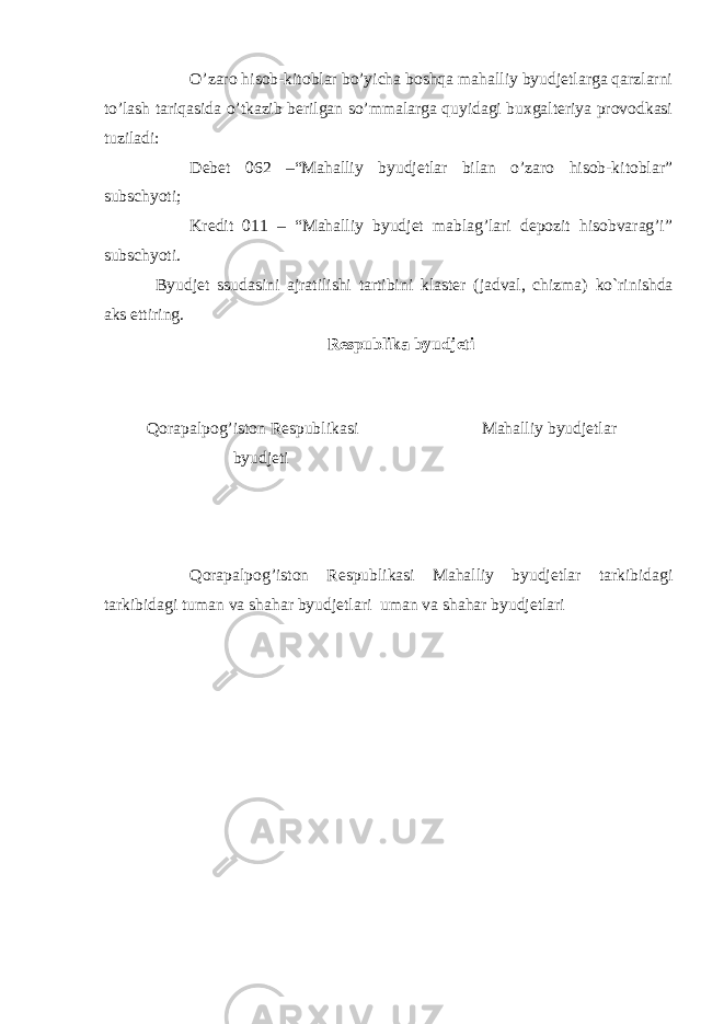 O’zaro hisob-kitoblar bo’yicha boshqa mahalliy byudjetlarga qarzlarni to’lash tariqasida o’tkazib berilgan so’mmalarga quyidagi buxgalteriya provodkasi tuziladi: Debet 062 –“Mahalliy byudjetlar bilan o’zaro hisob-kitoblar” subschyoti; Kredit 011 – “Mahalliy byudjet mablag’lari depozit hisobvarag’i” subschyoti. Byudjet ssudasini ajratilishi tartibini klaster ( jadval, chizma ) ko`rinishda aks ettiring. Respublika byudjeti Qorapalpog’iston Respublikasi Mahalliy byudjetlar byudjeti Qorapalpog’iston Respublikasi Mahalliy byudjetlar tarkibidagi tarkibidagi tuman va shahar byudjetlari uman va shahar byudjetlari 