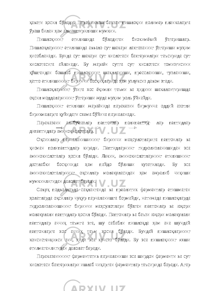 қавати ҳосил бўлади. Парафинлаш баъзан пишлоқни полимер пленкаларга ўраш билан ҳам алмаштирилиши мумкин. Пишлоқнинг етилишида бўладиган биокимёвий ўзгаришлар. Пишлоқларнинг етилишида аввало сут шакари лактозанинг ўзгариши муҳим ҳисобланади. Бунда сут шакари сут кислотаси бактериялари таъсирида сут кислотасига айланади. Бу жараён сутга сут кислотаси томизғисини қўшгандан бошлаб пишлоқнинг шаклланиши, прессланиши, тузланиши, ҳатто етилишининг биринчи босқиқларида ҳам узлуксиз давом этади. Пишлоқларнинг ўзига хос ёқимли таъми ва ҳидини шакллантиришда оқсил моддаларининг ўзгариши жуда муҳим роль ўйнайди. Пишлоқнинг етилиши жараёнида паракезин бирмунча оддий азотли бирикмаларга қуйидаги схема бўйича парчаланади. Параказеин альбумозлар пептонлар полипептид- лар пептидлар дипептидлар аминокислоталар. Оқсииллар парчаланишининг биринчи маҳсулотларига пептонлар ва қисман полипептидлар киради. Пептидларнинг гидролизланишидан эса аминокислоталар ҳосил бўлади. Лекин, аминокислотларнинг етилишнинг дастлабки босқичида ҳам пайдо бўлиши кузатилади. Бу эса аминокислоталарнинг оқсиллар молекуласидан ҳам ажралиб чиқиши мумкинлигидан далолат беради. Совуқ подвалларда сақланганда ва преолитик ферментлар етишмаган ҳолатларда оқсиллар чуқур парчаланишга бормайди, натижада пишлоқларда гидролизланишнинг биринчи маҳсулотлари бўлган пептонлар ва юқори молекулали пептидлар ҳосил бўлади. Пептонлар ва баъзи юқори молекулали пептидлар аччиқ таъмга эга, шу сабабли пишлоқда ҳам ана шундай пептонларга хос аччиқ таъм ҳосил бўлади. Бундай пишлоқларнинг консистенцияси зич, ҳиди эса кучсиз бўлади. Бу эса пишлоқнинг яхши етилмаганлигидан далолат беради. Параказеиннинг ферментатив парчаланиши эса ширдон ферменти ва сут кислотаси бактериялари ишлаб чиқарган ферментлар таъсирида боради. Агар 