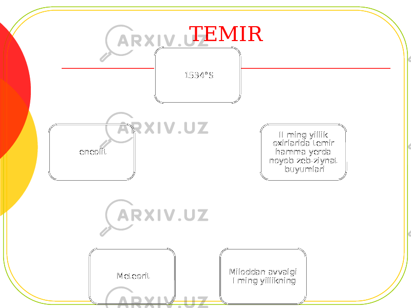 TEMIR 1534°S II ming yillik oxirlarida temir hamma yerda noyob zeb-ziynat buyumlari Miloddan avvalgi I ming yillikningMeteoriteneolit 