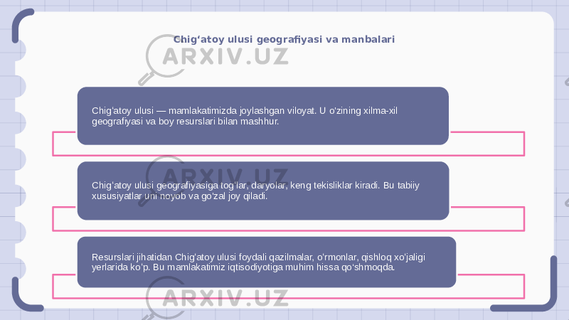 Chig‘atoy ulusi geografiyasi va manbalari Chigʻatoy ulusi — mamlakatimizda joylashgan viloyat. U o&#39;zining xilma-xil geografiyasi va boy resurslari bilan mashhur. Chigʻatoy ulusi geografiyasiga togʻlar, daryolar, keng tekisliklar kiradi. Bu tabiiy xususiyatlar uni noyob va go&#39;zal joy qiladi. Resurslari jihatidan Chigʻatoy ulusi foydali qazilmalar, oʻrmonlar, qishloq xoʻjaligi yerlarida koʻp. Bu mamlakatimiz iqtisodiyotiga muhim hissa qo‘shmoqda. 