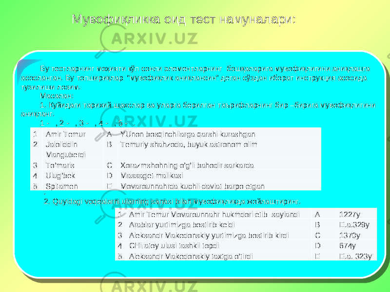 Мувофиқликка оид тест намуналари: . 2. Quyidagi voqealarni ularning sanasi bilan мувофиқликда жойлаштиринг.1 Amir Temur A YUnon bosqinchilarga qarshi kurashgan 2 Jaloliddin Manguberdi B Temuriy shahzoda, buyuk astronom olim 3 To’maris C Х orazmshohning o’g’li bahodir sarkarda 4 Ulug’bek D Massaget malikasi 5 Spitamen E Movarounnahrda kuchli davlat barpo etgan 1 Amir Temur Movarounnahr hukmdori etib saylandi A 1227y 2 Arablar yurtimizga bostirib keldi B E.a.329y 3 Aleksandr Makedonskiy yurtimizga bostirib kirdi C 1370y 4 CHiғatoy ulusi tashkil topdi D 674y 5 Aleksandr Makedonskiy taхtga o’tirdi E E.a. 323yБу тестларнинг моҳияти кўп сонли элементларнинг бошқаларига мувофиқлигини аниқлашга асосланган. Бу топшириқлар “мувофиқлик аниқлансин” деган сўздан иборат инструкция асосида тузилиши лозим. Масалан: 1. Қуйидаги тарихий шахслар ва уларга берилган таърифларнинг бир –бирига мувофиқлигини аниқланг. 1 - , 2 - , 3 - , 4 - , 5 - . 1A 02 291A 46 4D 02 54 02 02 13 