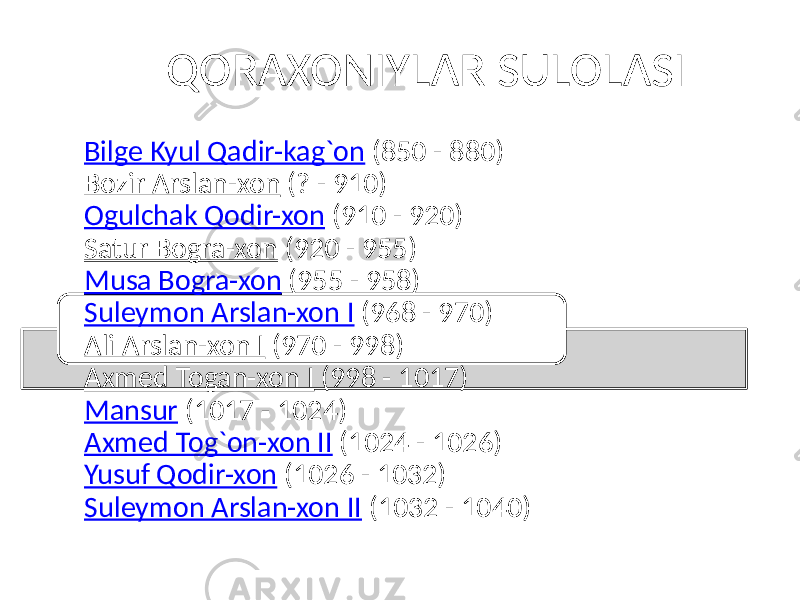 Bilge Kyul Qadir-kag`on (850 - 880) Bozir Arslan-xon (? - 910) Ogulchak Qodir-xon (910 - 920) Satur Bogra-xon (920 - 955) Musa Bogra-xon (955 - 958) Suleymon Arslan-xon I (968 - 970) Ali Arslan-xon I (970 - 998) Axmed Togan-xon I (998 - 1017) Mansur (1017 - 1024) Axmed Tog`on-xon II (1024 - 1026) Yusuf Qodir-xon (1026 - 1032) Suleymon Arslan-xon II (1032 - 1040)QORAXONIYLAR SULOLASI 