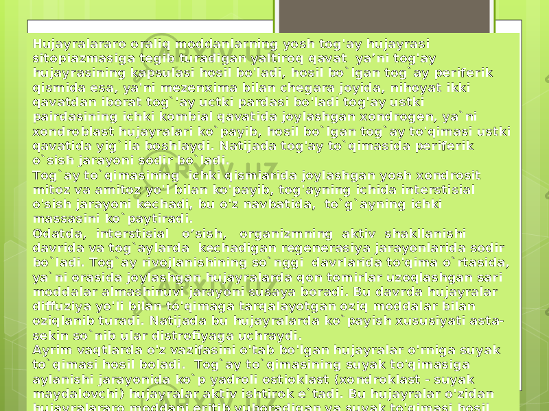 Hujayralararo oraliq moddanlarning yosh tog&#39;ay hujayrasi sitopiazmasiga tegib turadigan yaltiroq qavat ya’ni tog&#39;ay hujayrasining kapsulasi hosil bo&#39;ladi, hosil bo`lgan tog`ay periferik qismida esa, ya&#39;ni mezenxima bilan chegara joyida, nihoyat ikki qavatdan iborat tog`&#39;ay uctki pardasi bo&#39;ladi tog&#39;ay ustki pairdasining ichki kombial qavatida joylashgan xondrogen, ya`ni xondroblast hujayralari ko`payib, hosil bo`lgan tog`ay to&#39;qimasi ustki qavatida yig`ila boshlaydi. Natijada tog&#39;ay to`qimasida periferik o`sish jarayoni sodir bo`ladi. Tog`ay to`qimasining ichki qismiarida joylashgan yosh xondrosit mitoz va amitoz yo&#39;l bilan ko&#39;payib, tog&#39;ayning ichida interstisial o&#39;sish jarayoni kechadi, bu o&#39;z navbatida, to`g`ayning ichki massasini ko`paytiradi. Odatda, interstisial o’sish, organizmning aktiv shakllanishi davrida va tog`aylarda kechadigan regenerasiya jarayonlarida sodir bo`ladi. Tog`ay rivojlanishining so`nggi davrlarida to&#39;qima o`rtasida, ya`ni orasida joylashgan hujayralarda qon tomirlar uzoqlashgan sari moddalar almashinuvi jarayoni susaya boradi. Bu davrda hujayralar diffuziya yo&#39;li bilan to&#39;qimaga tarqalayotgan oziq moddalar bilan oziqlanib turadi. Natijada bu hujayralarda ko`payish xususiyati asta- sekin so`nib ular distrofiyaga uchraydi. Ayrim vaqtlarda o&#39;z vazifasini o&#39;tab bo&#39;lgan hujayralar o&#39;rniga suyak to`qimasi hosil boladi. Tog`ay to`qimasining suyak to&#39;qimasiga aylanishi jarayonida ko`p yadroli ostioklast (xondroklast - suyak maydalovchi) hujayralar aktiv ishtirok e`tadi. Bu hujayralar o&#39;zidan hujayralararo moddani eritib yuboradigan va suyak to&#39;qimasi hosil bolishini ta&#39;minlaydigan fermentlar ishlab chiqaradi. Tog&#39;ay to&#39;qimasming regenerasiyasi jarayonida tog&#39;ay ustki pardasining kombinal hujayralari bilain to&#39;qima ichidagi yosh xondrositlar aktiv ishtirok etadi. 