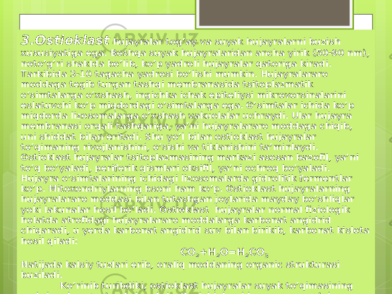 3.Ostioklast hujayralar tog’ay va suyak hujayralarni buzish xususiyatiga ega. Boshqa suyak hujayralaridan ancha yirik (50-90 nm), noto’g’ri shaklda bo’lib, ko’p yadroli hujayralar qatoriga kiradi. Tarkibida 3-10 tagacha yadrosi bo’lishi mumkin. Hujayralararo moddaga tegib turgan tashqi membranasida tsitoplazmatik o’simtalarga o’xshash, ingichka ichak epiteliysi mikrovorsinalarini eslatuvchi ko’p miqdordagi o’simtalarga ega. O’simtalar ichida ko’p miqdorda lizosomalarga o’xshash vakuolalar uchraydi. Ular hujayra membranasi orqali tashqariga, ya’ni hujayralararo moddaga chiqib, uni shiddat bilan eritadi. Shu yo’l bilan ostioklast hujayralar to’qimaning rivojlanishini, o’sishi va tiklanishini ta’minlaydi. Ostioklast hujayralar tsitoplazmasining markazi asosan bazofil, ya’ni to’q bo’yaladi, periferik qismlari oksifil, ya’ni ochroq bo’yaladi. Hujayra o’simtalarining ichidagi lizosomalarda gidrolitik fermentlar ko’p. Mitoxondriylarning bsoni ham ko’p. Ostioklast hujayralarning hujayralararo moddasi bilan tutashgan joylarida mayday bo’shliqlar yoki lakunalar hosil bo’ladi. Ostioklast hujayralar normal fiziologik holatda atrofidagi hujayralararo moddalarga karbonat angidrid chiqaradi, u yerda karbonat angidrid suv bilan birikib, karbonat kislota hosil qiladi: CO 2 +H 2 O=H 2 CO 3 Natijada kalsiy tuzlari erib, oraliq moddaning organic strukturasi buziladi. Ko’rinib turibdiki, ostioklast hujayralar suyak to’qimasining embrional va postembrional rivojlanishi davrida va regeneratsiya jarayonlarida o’ziga xos muhim vazifalarni bajarar ekan.   