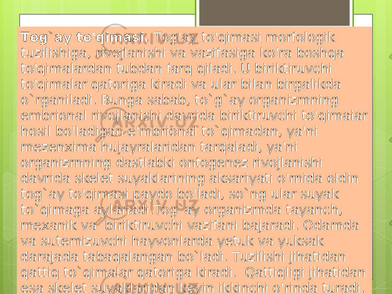 Tog`ay to&#39;qimasi. Tog&#39;ay to&#39;qimasi morfologik tuzilishiga, rivojlanishi va vazifasiga ko&#39;ra boshqa to&#39;qimalardan tubdan farq qiladi. U biriktiruvchi to&#39;qimalar qatoriga kiradi va ular bilan birgalikda o`rganiladi. Bunga sabab, to`g`ay organizmning embrional rivojlanishi davrida biriktiruvchi to&#39;qimaiar hosil bo&#39;ladigan e&#39;mbrional to`qimadan, ya&#39;ni mezenxima hujayralaridan tarqaladi, ya&#39;ni organizrnning dastlabki ontogenez rivojlanishi davrida skelet suyaklarining aksariyati o&#39;rnida oldin tog`ay to&#39;qimasi paydo bo&#39;ladi, so`ng ular suyak to`qimaga aylanadi.Tog`ay organizmda tayanch, mexanik va biriktiruvchi vazifani bajaradi. Odamda va sutemizuvchi hayvonlarda yetuk va yuksak darajada tabaqalangan bo`ladi. Tuzilishi jihatidan qattiq to`qimalar qatoriga kiradi. Qattiqligi jihatidan esa skelet suyaklaridan keyin ikkinchi o&#39;rinda turadi. Shuning uchun tog`ay to&#39;qima tarkibida qon tomirlari va nerv tolalari kabi boshqa to’qimalar uchramaydi. 