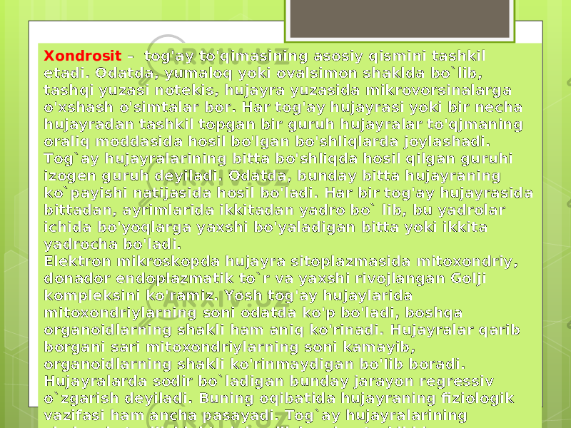 Xondrosit – tog&#39;ay to&#39;qimasining asosiy qismini tashkil etadi. Odatda, yumaloq yoki ovalsimon shaklda bo`lib, tashqi yuzasi notekis, hujayra yuzasida mikrovorsinalarga o&#39;xshash o&#39;simtalar bor. Har tog&#39;ay hujayrasi yoki bir necha hujayradan tashkil topgan bir guruh hujayralar to&#39;qjmaning oraliq moddasida hosil bo&#39;lgan bo&#39;shliqlarda joylashadi. Tog`ay hujayralarining bitta bo&#39;shliqda hosil qilgan guruhi izogen guruh deyiladi. Odatda, bunday bitta hujayraning ko`payishi natijasida hosil bo&#39;ladi. Har bir tog&#39;ay hujayrasida bittadan, ayrimlarida ikkitadan yadro bo` lib, bu yadrolar ichida bo&#39;yoqlarga yaxshi bo&#39;yaladigan bitta yoki ikkita yadrocha bo&#39;ladi. Elektron mikroskopda hujayra sitoplazmasida mitoxondriy, donador endoplazmatik to`r va yaxshi rivojlangan Golji kompleksini ko&#39;ramiz. Yosh tog&#39;ay hujaylarida mitoxondriylarning soni odatda ko&#39;p bo&#39;ladi, boshqa organoidlarning shakli ham aniq ko&#39;rinadi. Hujayralar qarib borgani sari mitoxondriylarning soni kamayib, organoidlarning shakli ko&#39;rinmaydigan bo&#39;Iib boradi. Hujayralarda sodir bo`ladigan bunday jarayon regressiv o`zgarish deyiladi. Buning oqibatida hujayraning fiziologik vazifasi ham ancha pasayadi. Tog`ay hujayralarining ximiyaviy tuzilishini tadqiq qilish uning tarkibida glikogenlar, lipidlar, fermentlar ya&#39;ni ishqoriy fostafaza, lipaza va oksidaza fermentlari borligini ko&#39;rsatadi. 