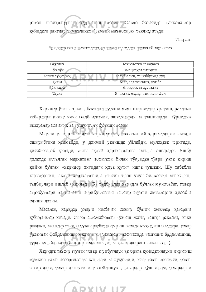 равон чизиқлардан фойдаланиш лозим. Савдо борасида психологлар қуйидаги ранглар символикаси(рамзий маъноси)ни таклиф этади: жадвал Рангларнинг психологлар таклиф этган рамзий маъноси Ранглар Психологик самараси Тўқ кўк Эмоционал илиқлик Қизил-тўқ сариқ Босиб олиш, ташаббускор руҳ Қизил Ҳаёт, агрессивлик, ғалаба Кўк-яшил Аниқлик, хавфсизлик Сариқ Янгилик, модернизм, истиқбол Харидор ўзини эркин, бемалол тутиши учун шароитлар яратиш, реклама хабарлари унинг учун жалб этувчан, эшитиларли ва тушунарли, кўрсатгич ишоралар эса аниқ ва тушунарли бўлиши лозим. Магазинга кириб келган харидор фақат жисмоний ҳаракатларни амалга оширибгина қолмайди, у доимий равишда ўйлайди, мулоҳаза юритади, ҳисоб-китоб қилади, яъни ақлий ҳаракатларни амалга оширади. Ушбу ҳолатда исталган маркетинг воситаси билан тўғридан-тўғри унга кириш қийин бўлган «харидор онгидаги қора қути» ишга тушади. Шу сабабли харидорнинг ақлий ҳаракатларига таъсир этиш учун билвосита маркетинг тадбирлари ишлаб чиқилади. Бу тадбирлар харидга бўлган муносабат, товар атрибутлари ва магазин атрибутларига таъсир этувчи омилларни ҳисобга олиши лозим. Масалан, харидор уларга нисбатан сезгир бўлган омиллар қаторига қуйидагилар киради: енгил автомобиллар тўхташ жойи, ташқи реклама, ички реклама, кассалар сони, сотувни рағбатлантириш, жонли муҳит, иш соатлари, товар ўровидан фойдаланиш имконияти, транспорт воситасида ташишга ёрдамлашиш, турли қулайликлар (болалар коляскаси, ит ва ҳ.к. қолдириш имконияти). Харидга таъсир этувчи товар атрибутлари қаторига қуйидагиларни киритиш мумкин: товар ассортименти кенглиги ва чуқурлиги, кенг товар линияси, товар захиралари, товар линиясининг жойлашуви, товарлар қўшнилиги, товарларни 