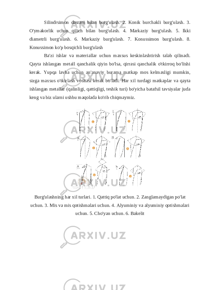 Silindrsimon dastani bilan burg&#39;ulash. 2. Konik burchakli burg&#39;ulash. 3. O&#39;ymakorlik uchun qilich bilan burg&#39;ulash. 4. Markaziy burg&#39;ulash. 5. Ikki diametrli burg&#39;ulash. 6. Markaziy burg&#39;ulash. 7. Konussimon burg&#39;ulash. 8. Konussimon ko&#39;p bosqichli burg&#39;ulash Ba&#39;zi ishlar va materiallar uchun maxsus keskinlashtirish talab qilinadi. Qayta ishlangan metall qanchalik qiyin bo&#39;lsa, qirrasi qanchalik o&#39;tkirroq bo&#39;lishi kerak. Yupqa lavha uchun an&#39;anaviy burama matkap mos kelmasligi mumkin, sizga maxsus o&#39;tkirlash vositasi kerak bo&#39;ladi. Har xil turdagi matkaplar va qayta ishlangan metallar (qalinligi, qattiqligi, teshik turi) bo&#39;yicha batafsil tavsiyalar juda keng va biz ularni ushbu maqolada ko&#39;rib chiqmaymiz. Burg&#39;ulashning har xil turlari. 1. Qattiq po&#39;lat uchun. 2. Zanglamaydigan po&#39;lat uchun. 3. Mis va mis qotishmalari uchun. 4. Alyuminiy va alyuminiy qotishmalari uchun. 5. Cho&#39;yan uchun. 6. Bakelit 