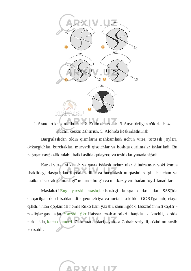 1. Standart keskinlashtirish. 2. Erkin charxlash. 3. Suyultirilgan o&#39;tkirlash. 4. Kuchli keskinlashtirish. 5. Alohida keskinlashtirish Burg&#39;ulashdan oldin qismlarni mahkamlash uchun vitse, to&#39;xtash joylari, o&#39;tkazgichlar, burchaklar, murvatli qisqichlar va boshqa qurilmalar ishlatiladi. Bu nafaqat xavfsizlik talabi, balki aslida qulayroq va teshiklar yanada sifatli. Kanal yuzasini kesish va qayta ishlash uchun ular silindrsimon yoki konus shaklidagi dastgohdan foydalanadilar va burg&#39;ulash nuqtasini belgilash uchun va matkap &#34;sakrab ketmasligi&#34; uchun - bolg&#39;a va markaziy zımbadan foydalanadilar. Maslahat!   Eng yaxshi mashqlar   hozirgi kunga qadar ular SSSRda chiqarilgan deb hisoblanadi - geometriya va metall tarkibida GOSTga aniq rioya qilish. Titan qoplamali nemis Ruko ham yaxshi, shuningdek, Boschdan matkaplar - tasdiqlangan sifat.   Yaxshi fikr   Haisser mahsulotlari haqida - kuchli, qoida tariqasida,   katta diametri . Zubr matkaplari, ayniqsa Cobalt seriyali, o&#39;zini munosib ko&#39;rsatdi. 