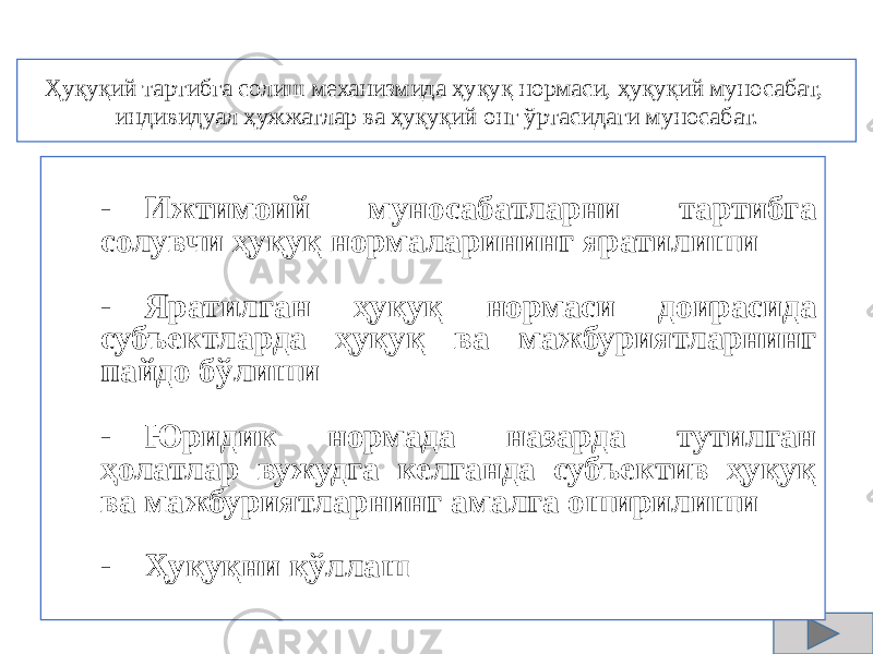 - Ижтимоий муносабатларни тартибга солувчи ҳуқуқ нормаларининг яратилиши - Яратилган ҳуқуқ нормаси доирасида субъектларда ҳуқуқ ва мажбуриятларнинг пайдо бўлиши - Юридик нормада назарда тутилган ҳолатлар вужудга келганда субъектив ҳуқуқ ва мажбуриятларнинг амалга оширилиши - Ҳуқуқни қўллашҲуқуқий тартибга солиш механизмида ҳуқуқ нормаси, ҳуқуқий муносабат, индивидуал ҳужжатлар ва ҳуқуқий онг ўртасидаги муносабат. 