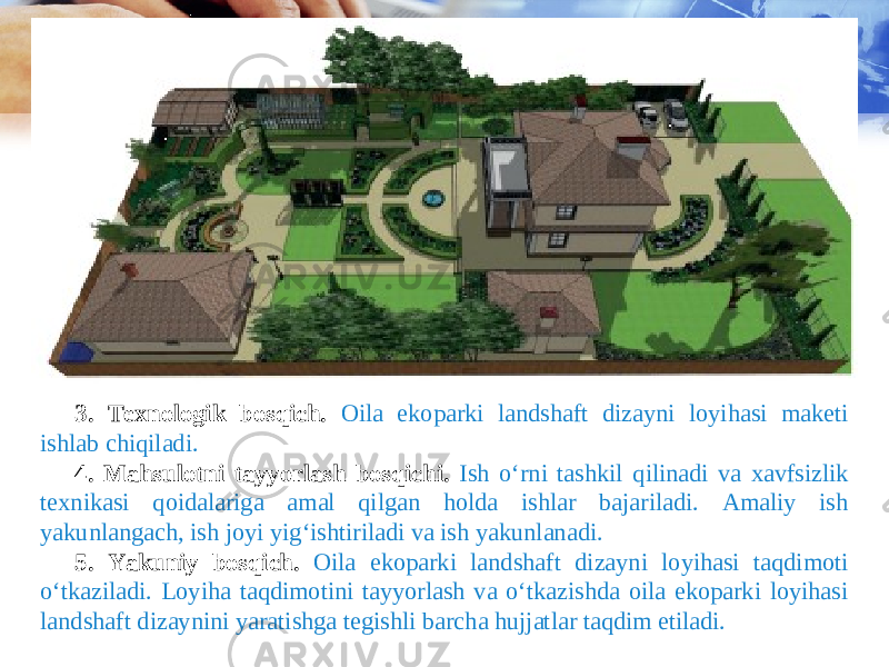 3. Texnologik bosqich. Oila ekoparki landshaft dizayni loyihasi maketi ishlab chiqiladi. 4. Mahsulotni tayyorlash bosqichi. Ish o‘rni tashkil qilinadi va xavfsizlik texnikasi qoidalariga amal qilgan holda ishlar bajariladi. Amaliy ish yakunlangach, ish joyi yig‘ishtiriladi va ish yakunlanadi. 5. Yakuniy bosqich. Oila ekoparki landshaft dizayni loyihasi taqdimoti o‘tkaziladi. Loyiha taqdimotini tayyorlash va o‘tkazishda oila ekoparki loyihasi landshaft dizaynini yaratishga tegishli barcha hujjatlar taqdim etiladi. 