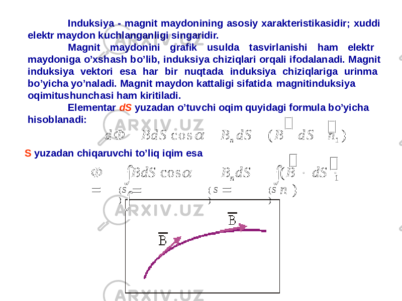 Induksiya - magnit maydonining asosiy xarakteristikasidir; xuddi elektr maydon kuchlanganligi singaridir. Magnit maydonini grafik usulda tasvirlanishi ham elektr maydoniga o’xshash bo’lib, induksiya chiziqlari orqali ifodalanadi. Magnit induksiya vektori esa har bir nuqtada induksiya chiziqlariga urinma bo’yicha yo’naladi. Magnit maydon kattaligi sifatida magnitinduksiya oqimitushunchasi ham kiritiladi. Elementar dS yuzadan o’tuvchi oqim quyidagi formula bo’yicha hisoblanadi:  d Ф  B d S c o s  B n d S  ( B  d S  n 1 ) S yuzadan chiqaruvchi to’liq iqim esa   1 ( S )( S ) n ( S ) ( B  dS  n )B dS Ф   BdS cos   