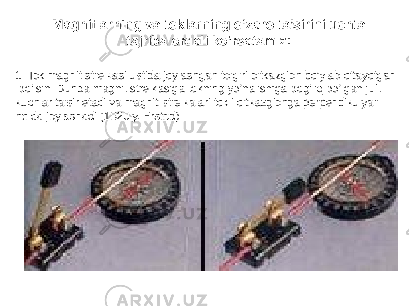 Magnitlarning va toklarning o’zaro ta’sirini uchta tajriba orqali ko’rsatamiz: 1. Tok magnit strelkasi ustida joylashgan to’g’ri o’tkazgich bo’ylab o’tayotgan bo’lsin. Bunda magnit strelkasiga tokning yo’nalishiga bog’liq bo’lgan juft kuchlar ta’sir etadi va magnit strelkalari tokli o’tkazgichga perpendikulyar holda joylashadi (1820 y. Ersted) 