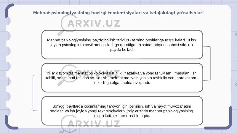 Mehnat psixologiyasining hozirgi tendentsiyalari va kelajakdagi yo&#39;nalishlari Mehnat psixologiyasining paydo bo&#39;lish tarixi 20-asrning boshlariga to&#39;g&#39;ri keladi, u ish joyida psixologik tamoyillarni qo&#39;llashga qaratilgan alohida tadqiqot sohasi sifatida paydo bo&#39;ladi. Yillar davomida mehnat psixologiyasi turli xil nazariya va yondashuvlarni, masalan, ish tahlili, xodimlarni tanlash va o&#39;qitish, mehnat motivatsiyasi va tashkiliy xatti-harakatlarni o&#39;z ichiga olgan holda rivojlandi. So&#39;nggi paytlarda xodimlarning farovonligini oshirish, ish va hayot muvozanatini saqlash va ish joyida yangi texnologiyalarni joriy etishda mehnat psixologiyasining roliga katta e&#39;tibor qaratilmoqda. 