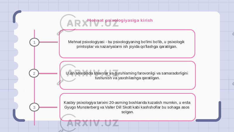 Mehnat psixologiyasiga kirish Mehnat psixologiyasi - bu psixologiyaning bo&#39;limi bo&#39;lib, u psixologik printsiplar va nazariyalarni ish joyida qo&#39;llashga qaratilgan. U ish sharoitida shaxslar va guruhlarning farovonligi va samaradorligini tushunish va yaxshilashga qaratilgan. Kasbiy psixologiya tarixini 20-asrning boshlarida kuzatish mumkin, u erda Gyugo Munsterberg va Valter Dill Skott kabi kashshoflar bu sohaga asos solgan.1 2 3 