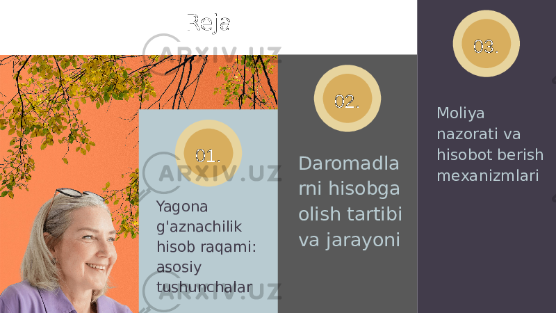 01. 02. 03.Reja Yagona g&#39;aznachilik hisob raqami: asosiy tushunchalar Daromadla rni hisobga olish tartibi va jarayoni Moliya nazorati va hisobot berish mexanizmlari 