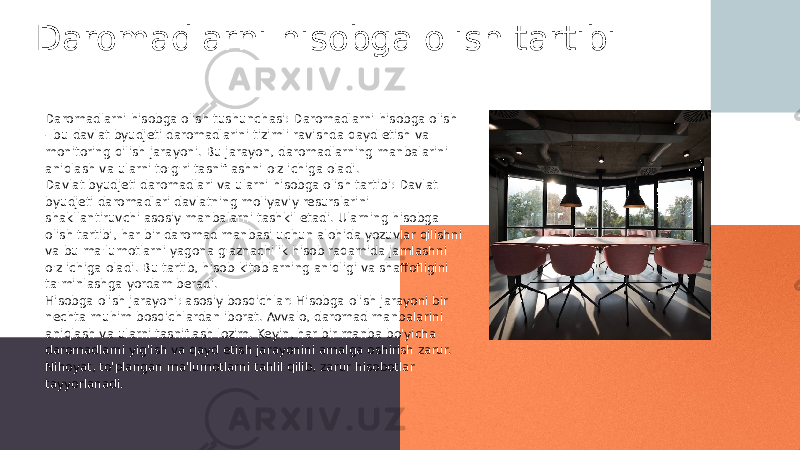 Daromadlarni hisobga olish tartibi Daromadlarni hisobga olish tushunchasi: Daromadlarni hisobga olish - bu davlat byudjeti daromadlarini tizimli ravishda qayd etish va monitoring qilish jarayoni. Bu jarayon, daromadlarning manbalarini aniqlash va ularni to&#39;g&#39;ri tasniflashni o&#39;z ichiga oladi. Davlat byudjeti daromadlari va ularni hisobga olish tartibi: Davlat byudjeti daromadlari davlatning moliyaviy resurslarini shakllantiruvchi asosiy manbalarni tashkil etadi. Ularning hisobga olish tartibi, har bir daromad manbasi uchun alohida yozuvlar qilishni va bu ma&#39;lumotlarni yagona g&#39;aznachilik hisob raqamida jamlashni o&#39;z ichiga oladi. Bu tartib, hisob-kitoblarning aniqligi va shaffofligini ta&#39;minlashga yordam beradi. Hisobga olish jarayoni: asosiy bosqichlar: Hisobga olish jarayoni bir nechta muhim bosqichlardan iborat. Avvalo, daromad manbalarini aniqlash va ularni tasniflash lozim. Keyin, har bir manba bo&#39;yicha daromadlarni yig&#39;ish va qayd etish jarayonini amalga oshirish zarur. Nihoyat, to&#39;plangan ma&#39;lumotlarni tahlil qilib, zarur hisobotlar tayyorlanadi. 