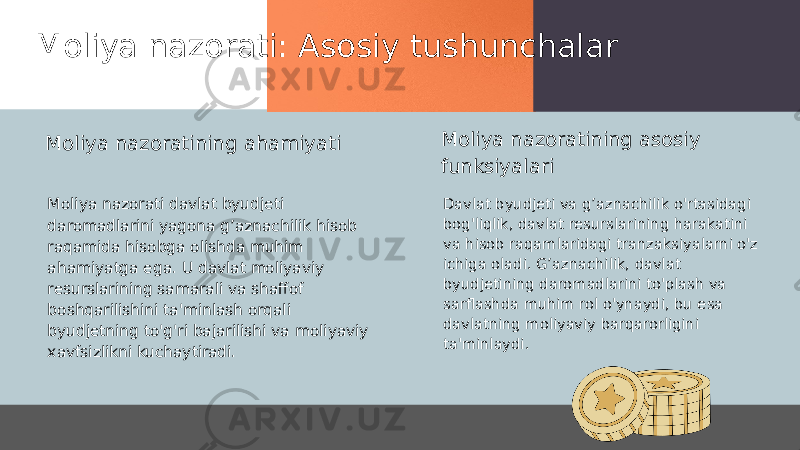 Moliya nazorati: Asosiy tushunchalar Moliya nazorati davlat byudjeti daromadlarini yagona g’aznachilik hisob raqamida hisobga olishda muhim ahamiyatga ega. U davlat moliyaviy resurslarining samarali va shaffof boshqarilishini ta&#39;minlash orqali byudjetning to&#39;g&#39;ri bajarilishi va moliyaviy xavfsizlikni kuchaytiradi. Davlat byudjeti va g’aznachilik o&#39;rtasidagi bog&#39;liqlik, davlat resurslarining harakatini va hisob raqamlaridagi tranzaksiyalarni o&#39;z ichiga oladi. G’aznachilik, davlat byudjetining daromadlarini to&#39;plash va sarflashda muhim rol o&#39;ynaydi, bu esa davlatning moliyaviy barqarorligini ta&#39;minlaydi.Moliya nazoratining ahamiyati Moliya nazoratining asosiy funksiyalari 