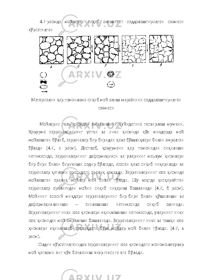 4.7-расмда мойларни сиқиб олишнинг соддалаштирилган схемаси кўрсатилган Материални ҳар томонлама сиқиб мой олиш жараёнини соддалаштирилган схемаси Мойларни гель қисмдан ажралишини қуйидагича тасвирлаш мумкин. Қовурма заррачаларининг устки ва ички қисмида кўп микдорда мой жойлашган бўлиб, заррачалар бир-биридан ҳаво бўшлиқлари билан ажралган бўлади (4.7, а расм). Дастлаб, қовурмани ҳар томонидан сиқилиши натижасида, заррачаларнинг деформацияси ва уларнинг маьлум қисмлари бир-бири билан бирикиши содир бўлсада, асосан ҳаво сиқиб чиқарилади ва заррачалар қатлами орасидаги оралиқ камаяди. Заррачаларнинг юза қисмида жойлашган оралиқ жойлар мой билан тўлади. Шу вақтда қисқараётган заррачалар оралиғидан мойни сиқиб чиқариш бошланади (4.7, б расм). Мойнинг асосий миқдори заррачаларнинг бир-бири билан қўшилиши ва деформацияланиши – зичлашиши натижасида сиқиб олинади. Заррачаларнинг ички юза қисмлари яқинлашиши натижасида, уларнинг ички юза қисмидан мой ажралиши бошланади. Заррачаларнинг ички ва ташқи юза қисмлари яқинлашиб оралиқдаги бўш жойлар мой билан тўлади. (4.7, в расм). Олдин кўрсатилганидек заррачаларнинг юза қисмидаги мономолекуляр мой қатлами энг кўп боғланиш энергиясига эга бўлади. 