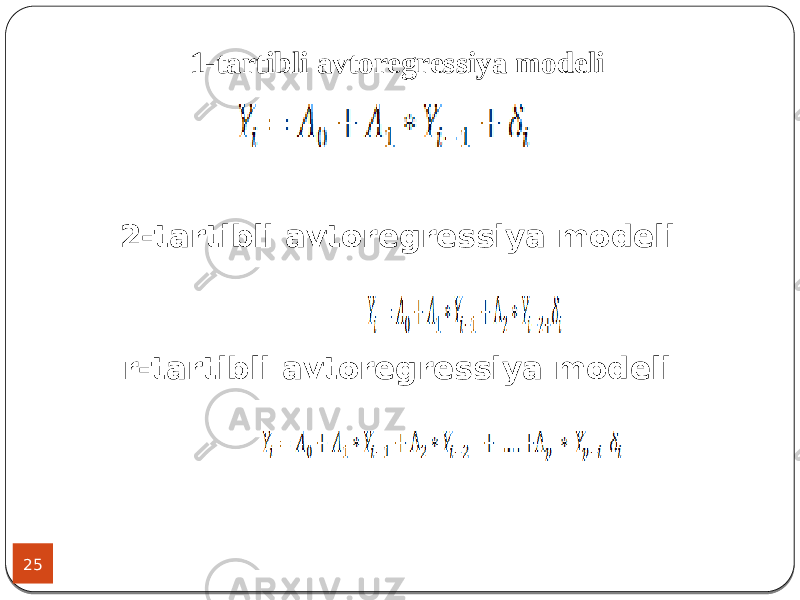 25 1-tartibli avtoregressiya modeli 2-tartibli avtoregressiya modeli r-tartibli avtoregressiya modeli 