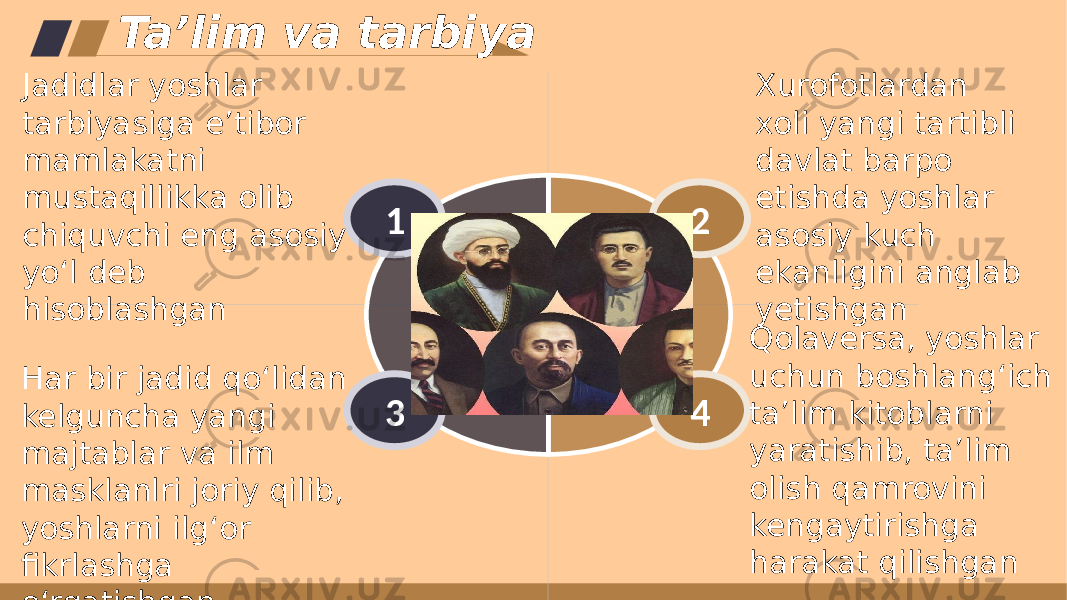 1 3 2 4Jadidlar yoshlar tarbiyasiga eʼtibor mamlakatni mustaqillikka olib chiquvchi eng asosiy yoʻl deb hisoblashgan Har bir jadid qoʻlidan kelguncha yangi majtablar va ilm masklanlri joriy qilib, yoshlarni ilgʻor fikrlashga oʻrgatishgan Xurofotlardan xoli yangi tartibli davlat barpo etishda yoshlar asosiy kuch ekanligini anglab yetishgan Qolaversa, yoshlar uchun boshlangʻich taʼlim kitoblarni yaratishib, taʼlim olish qamrovini kengaytirishga harakat qilishganTaʼlim va tarbiya 