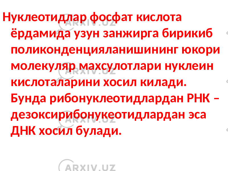 Нуклеотидлар фосфат кислота ёрдамида узун занжирга бирикиб поликонденцияланишининг юкори молекуляр махсулотлари нуклеин кислоталарини хосил килади. Бунда рибонуклеотидлардан РНК – дезоксирибонукеотидлардан эса ДНК хосил булади. 