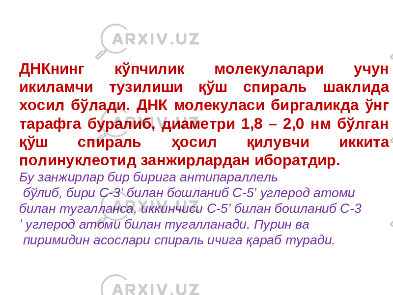 ДНКнинг кўпчилик молекулалари учун икиламчи тузилиши қўш спираль шаклида хосил бўлади. ДНК молекуласи биргаликда ўнг тарафга буралиб, диаметри 1,8 – 2,0 нм бўлган қўш спираль ҳосил қилувчи иккита полинуклеотид занжирлардан иборатдир. Бу занжирлар бир бирига антипараллель бўлиб, бири С-3’ билан бошланиб С-5’ углерод атоми билан тугалланса, иккинчиси С-5’ билан бошланиб С-3 ’ углерод атоми билан тугалланади. Пурин ва пиримидин асослари спираль ичига қараб туради. 