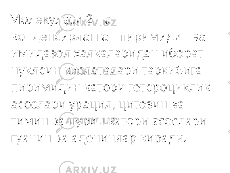  Молекуласи 2 та конденсирланган пиримидин ва имидазол халкаларидан иборат нуклеин кислаталари таркибига пиримидин катори гетероциклик асослари урацил, цитозин ва тимин ва пурин катори асослари гуанин ва аденинлар киради. 