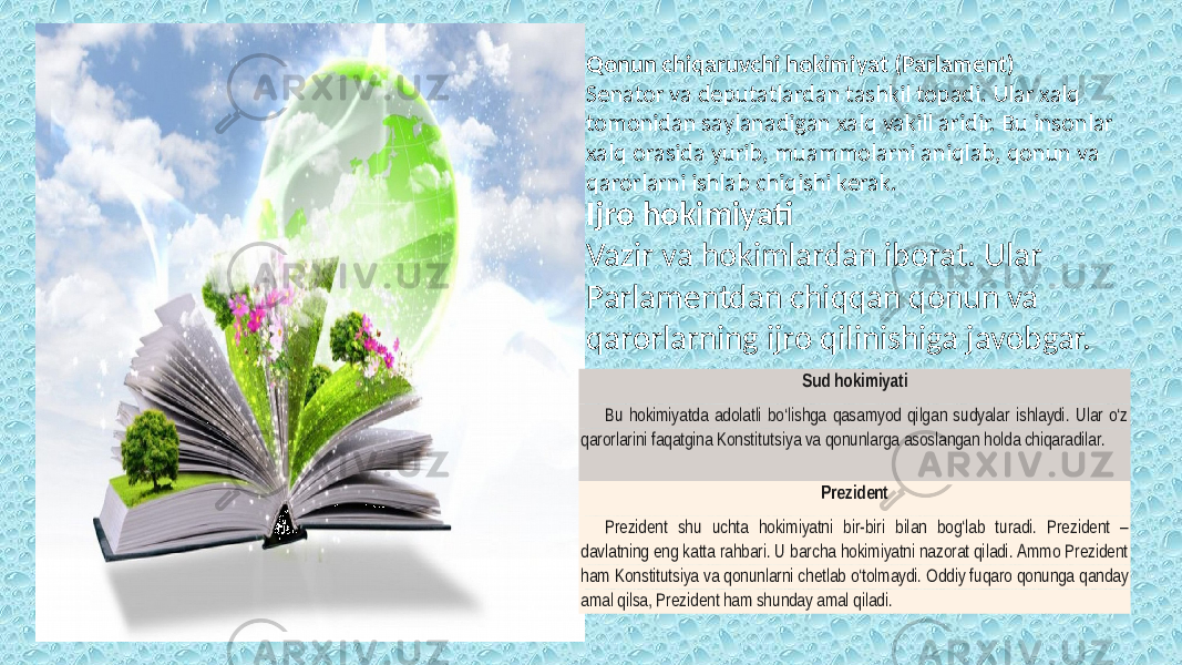 Qonun chiqaruvchi hokimiyat (Parlament) Senator va deputatlardan tashkil topadi. Ular xalq tomonidan saylanadigan xalq vakill aridir. Bu insonlar xalq orasida yurib, muammolarni aniqlab, qonun va qarorlarni ishlab chiqishi kerak. Ijro hokimiyati Vazir va hokimlardan iborat. Ular Parlamentdan chiqqan qonun va qarorlarning ijro qilinishiga javobgar. Sud hokimiyati Bu hokimiyatda adolatli bo‘lishga qasamyod qilgan sudyalar ishlaydi. Ular o‘z qarorlarini faqatgina Konstitutsiya va qonunlarga asoslangan holda chiqaradilar. Prezident Prezident shu uchta hokimiyatni bir -biri bilan bog‘lab turadi. Prezident – davlatning eng katta rahbari. U barcha hokimiyatni nazorat qiladi. Ammo Prezident ham Konstitutsiya va qonunlarni chetlab o‘tolmaydi. Oddiy fuqaro qonunga qanday amal qilsa, Prezid ent ham shunday amal qiladi. 