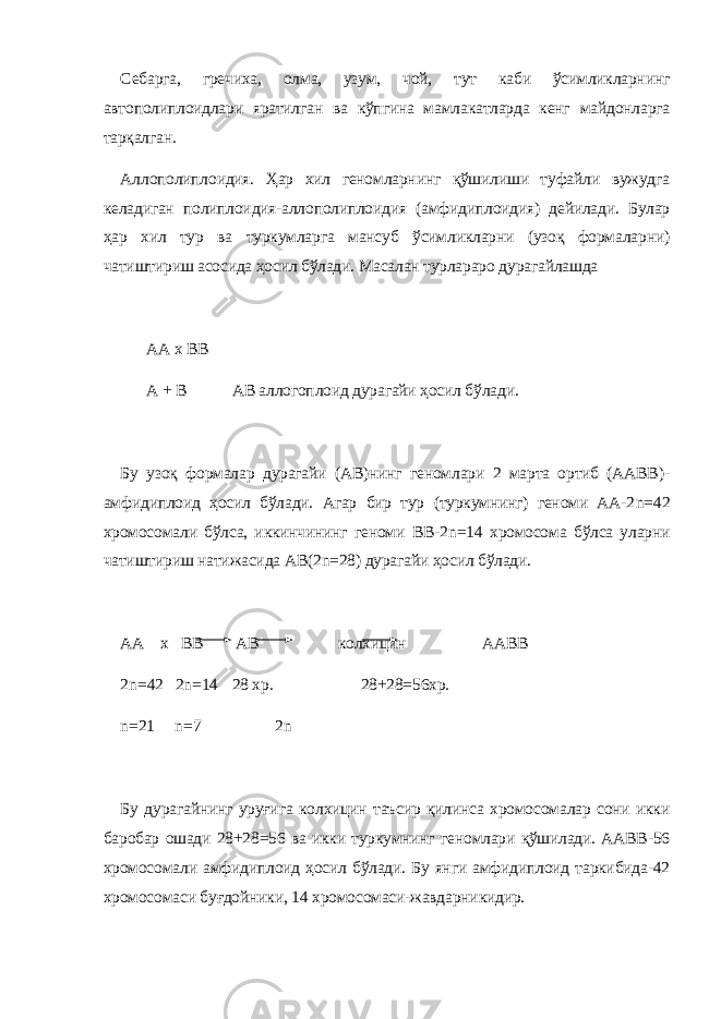 Себарга, гречиха, олма, узум, чой, тут каби ўсимликларнинг автополиплоидлари яратилган ва кўпгина мамлакатларда кенг майдонларга тарқалган. Аллополиплоидия. Ҳар хил геномларнинг қўшилиши туфайли вужудга келадиган полиплоидия-аллополиплоидия (амфидиплоидия) дейилади. Булар ҳар хил тур ва туркумларга мансуб ўсимликларни (узоқ формаларни) чатиштириш асосида ҳосил бўлади. Масалан турлараро дурагайлашда АА х ВВ А + В АВ аллогоплоид дурагайи ҳосил бўлади. Бу узоқ формалар дурагайи (АВ)нинг геномлари 2 марта ортиб (ААВВ)- амфидиплоид ҳосил бўлади. Агар бир тур (туркумнинг) геноми АА-2 n =42 хромосомали бўлса, иккинчининг геноми ВВ-2 n =14 хромосома бўлса уларни чатиштириш натижасида АВ(2 n =28) дурагайи ҳосил бўлади. АА х ВВ АВ колхицин ААВВ 2 n =42 2 n =14 28 хр. 28+28=56хр. n =21 n =7 2 n Бу дурагайнинг уруғига колхицин таъсир қилинса хромосомалар сони икки баробар ошади 28+28=56 ва икки туркумнинг геномлари қўшилади. ААВВ-56 хромосомали амфидиплоид ҳосил бўлади. Бу янги амфидиплоид таркибида-42 хромосомаси буғдойники, 14 хромосомаси-жавдарникидир. 