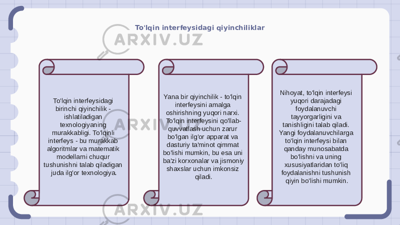 To&#39;lqin interfeysidagi qiyinchiliklar To&#39;lqin interfeysidagi birinchi qiyinchilik - ishlatiladigan texnologiyaning murakkabligi. To&#39;lqinli interfeys - bu murakkab algoritmlar va matematik modellarni chuqur tushunishni talab qiladigan juda ilg&#39;or texnologiya. Yana bir qiyinchilik - to&#39;lqin interfeysini amalga oshirishning yuqori narxi. To&#39;lqin interfeysini qo&#39;llab- quvvatlash uchun zarur bo&#39;lgan ilg&#39;or apparat va dasturiy ta&#39;minot qimmat bo&#39;lishi mumkin, bu esa uni ba&#39;zi korxonalar va jismoniy shaxslar uchun imkonsiz qiladi. Nihoyat, to&#39;lqin interfeysi yuqori darajadagi foydalanuvchi tayyorgarligini va tanishligini talab qiladi. Yangi foydalanuvchilarga to&#39;lqin interfeysi bilan qanday munosabatda bo&#39;lishni va uning xususiyatlaridan to&#39;liq foydalanishni tushunish qiyin bo&#39;lishi mumkin. 