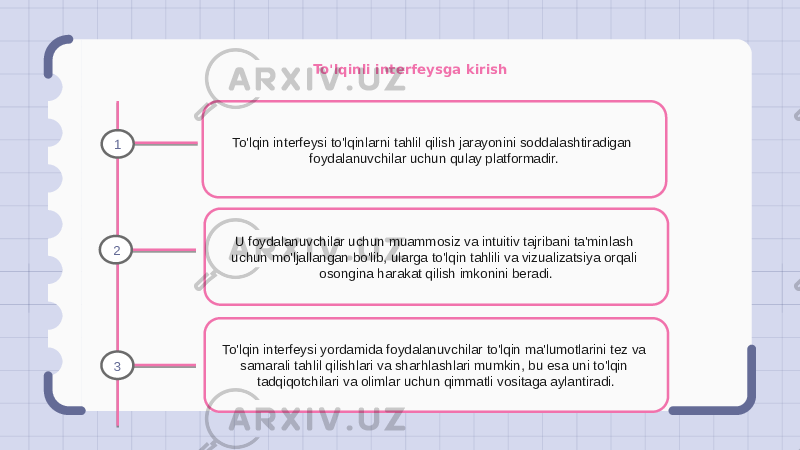 To&#39;lqinli interfeysga kirish To&#39;lqin interfeysi to&#39;lqinlarni tahlil qilish jarayonini soddalashtiradigan foydalanuvchilar uchun qulay platformadir. U foydalanuvchilar uchun muammosiz va intuitiv tajribani ta&#39;minlash uchun mo&#39;ljallangan bo&#39;lib, ularga to&#39;lqin tahlili va vizualizatsiya orqali osongina harakat qilish imkonini beradi. To&#39;lqin interfeysi yordamida foydalanuvchilar to&#39;lqin ma&#39;lumotlarini tez va samarali tahlil qilishlari va sharhlashlari mumkin, bu esa uni to&#39;lqin tadqiqotchilari va olimlar uchun qimmatli vositaga aylantiradi.1 2 3 