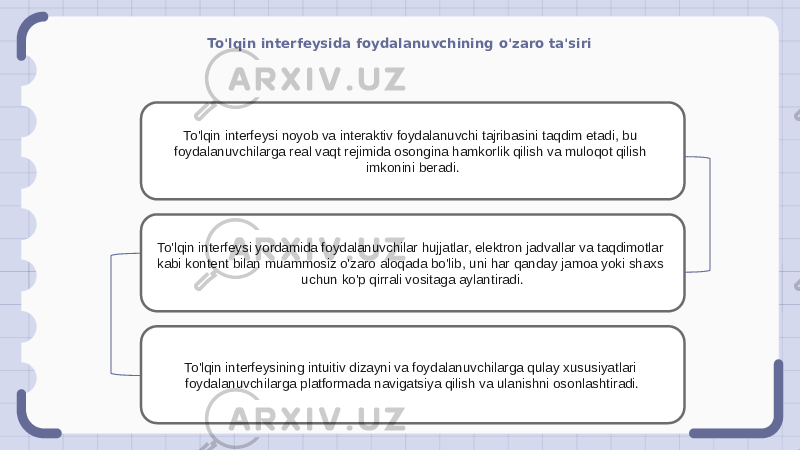 To&#39;lqin interfeysida foydalanuvchining o&#39;zaro ta&#39;siri To&#39;lqin interfeysi noyob va interaktiv foydalanuvchi tajribasini taqdim etadi, bu foydalanuvchilarga real vaqt rejimida osongina hamkorlik qilish va muloqot qilish imkonini beradi. To&#39;lqin interfeysi yordamida foydalanuvchilar hujjatlar, elektron jadvallar va taqdimotlar kabi kontent bilan muammosiz o&#39;zaro aloqada bo&#39;lib, uni har qanday jamoa yoki shaxs uchun ko&#39;p qirrali vositaga aylantiradi. To&#39;lqin interfeysining intuitiv dizayni va foydalanuvchilarga qulay xususiyatlari foydalanuvchilarga platformada navigatsiya qilish va ulanishni osonlashtiradi. 