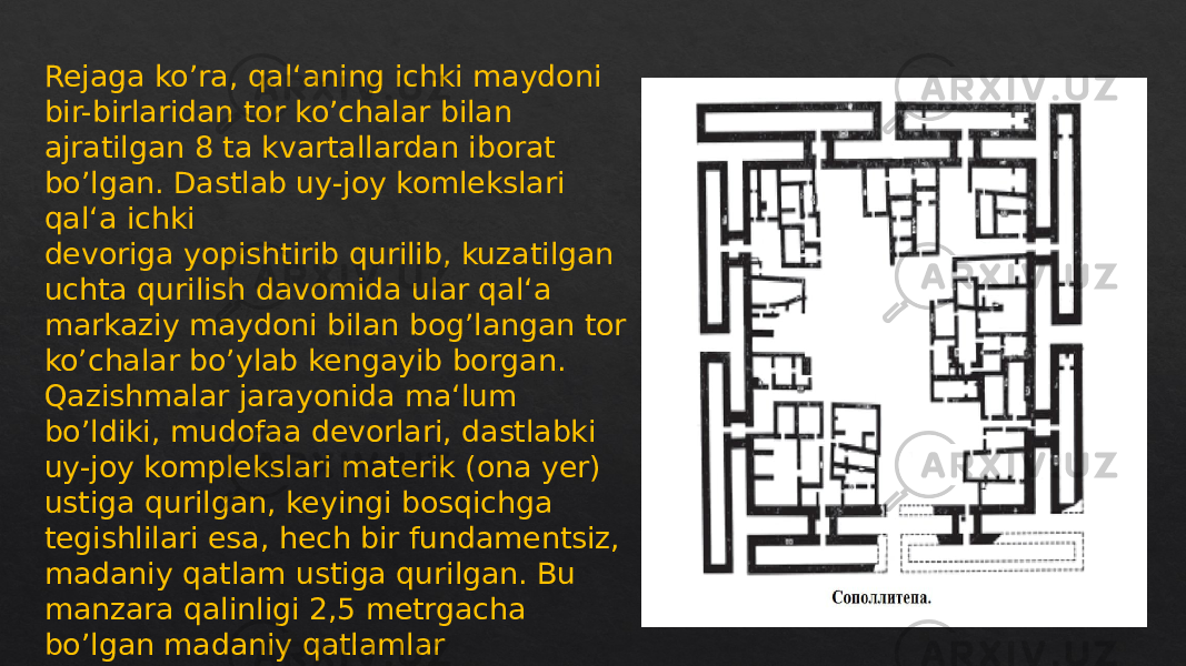 Rejaga koʼra, qal‘aning ichki maydoni bir-birlaridan tor koʼchalar bilan ajratilgan 8 ta kvartallardan iborat boʼlgan. Dastlab uy-joy komlekslari qal‘a ichki devoriga yopishtirib qurilib, kuzatilgan uchta qurilish davomida ular qal‘a markaziy maydoni bilan bogʼlangan tor koʼchalar boʼylab kengayib borgan. Qazishmalar jarayonida ma‘lum boʼldiki, mudofaa devorlari, dastlabki uy-joy komplekslari materik (ona yer) ustiga qurilgan, keyingi bosqichga tegishlilari esa, hech bir fundamentsiz, madaniy qatlam ustiga qurilgan. Bu manzara qalinligi 2,5 metrgacha boʼlgan madaniy qatlamlar stratigrafiyasida yaxshi kuzatiladi. 