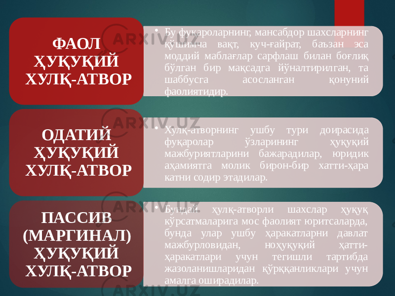 • Бу фуқароларнинг, мансабдор шахсларнинг қўшимча вақт, куч-ғайрат, баъзан эса моддий маблағ лар сарфлаш билан боғлиқ бўлган бир мақсадга йўналтирилган, та шаббусга асосланган қонуний фаолиятидир.ФАОЛ ҲУҚУҚИЙ ХУЛҚ-АТВОР • Хулқ-атворнинг ушбу тури доирасида фуқаролар ўзларининг ҳуқуқий мажбуриятла рини бажарадилар, юридик аҳамиятга молик бирон-бир хатти-ҳара катни содир этадилар.ОДАТИЙ ҲУҚУҚИЙ ХУЛҚ-АТВОР • Бундай ҳулқ-атворли шахслар ҳуқуқ кўрсатмаларига мос фаолият юритсаларда, бунда улар ушбу ҳаракатларни давлат мажбурловидан, ноҳуқуқий ҳатти- ҳаракатлари учун тегишли тартибда жазоланишларидан қўрққанликлари учун амалга оширадилар. ПАССИВ (МАРГИНАЛ) ҲУҚУҚИЙ ХУЛҚ-АТВОР 