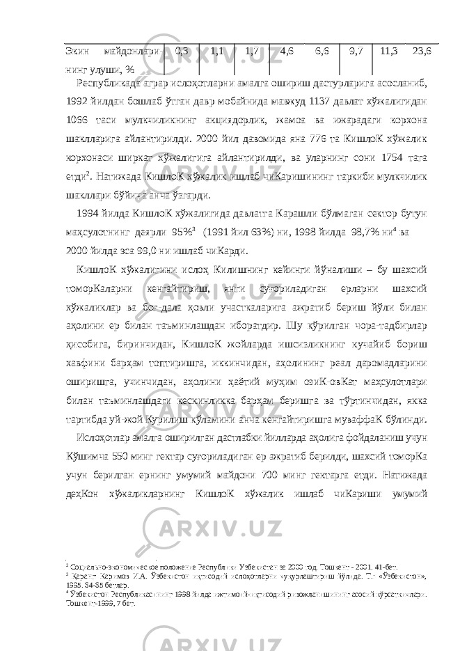 Экин майдонлари- нинг улуши, % 0,3 1,1 1,7 4,6 6,6 9,7 11,3 23,6 Республикада аграр ислоҳотларни амалга ошириш дастурларига асосланиб, 1992 йилдан бошлаб ўтган давр мобайнида мавжуд 1137 давлат хўжалигидан 1066 таси мулкчиликнинг акциядорлик, жамоа ва ижарадаги корхона шаклларига айлантирилди. 2000 йил давомида яна 776 та КишлоК хўжалик корхонаси ширкат хўжалигига айлантирилди, ва уларнинг сони 1754 тага етди 2 . Натижада КишлоК хўжалик ишлаб чиКаришининг таркиби мулкчилик шакллари бўйича анча ўзгарди. 1994 йилда КишлоК хўжалигида давлатга Карашли бўлмаган сектор бутун маҳсулотнинг деярли 95% 3 (1991 йил 63%) ни, 1998 йилда 98,7% ни 4 ва 2000 йилда эса 99,0 ни ишлаб чиКарди. КишлоК хўжалигини ислоҳ Килишнинг кейинги йўналиши – бу шахсий томорКаларни кенгайтириш, янги суғориладиган ерларни шахсий хўжаликлар ва боғ-дала ҳовли участкаларига ажратиб бериш йўли билан аҳолини ер билан таъминлашдан иборатдир. Шу кўрилган чора-тадбирлар ҳисобига, биринчидан, КишлоК жойларда ишсизликнинг кучайиб бориш хавфини барҳам топтиришга, иккинчидан, аҳолининг реал даромадларини оширишга, учинчидан, аҳолини ҳаётий муҳим озиК-овКат маҳсулотлари билан таъминлашдаги кескинликка барҳам беришга ва тўртинчидан, якка тартибда уй-жой Курилиш кўламини анча кенгайтиришга муваффаК бўлинди. Ислоҳотлар амалга оширилган дастлабки йилларда аҳолига фойдаланиш учун Кўшимча 550 минг гектар суғориладиган ер ажратиб берилди, шахсий томорКа учун берилган ернинг умумий майдони 700 минг гектарга етди. Натижада деҳКон хўжаликларнинг КишлоК хўжалик ишлаб чиКариши умумий 2 Социально-экономическое положение Республики Узбекистан за 2000 год. Тошкент - 2001. 41-бет. 3 Қаранг: Каримов И.А. Ўзбекистон иқтисодий ислоҳотларни чуқурлаштириш йўлида. Т.: «Ўзбекистон», 1995. 64-65 бетлар. 4 Ўзбекистон Республикасининг 1998 йилда ижтимоий-иқтисодий ривожланишининг асосий кўрсаткичлари. Тошкент-1999, 7 бет. 