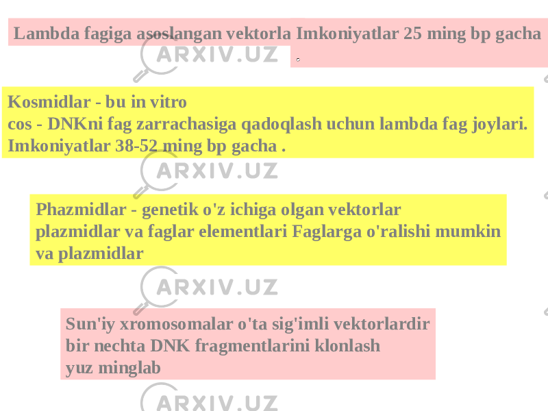 Lambda fagiga asoslangan vektorlar Kosmidlar - bu in vitro cos - DNKni fag zarrachasiga qadoqlash uchun lambda fag joylari. Imkoniyatlar 38-52 ming bp gacha . Phazmidlar - genetik o&#39;z ichiga olgan vektorlar plazmidlar va faglar elementlari Faglarga o&#39;ralishi mumkin va plazmidlar Imkoniyatlar 25 ming bp gacha . Sun&#39;iy xromosomalar o&#39;ta sig&#39;imli vektorlardir bir nechta DNK fragmentlarini klonlash yuz minglab 