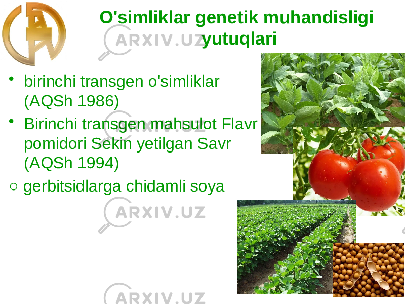 O&#39;simliklar genetik muhandisligi yutuqlari • birinchi transgen o&#39;simliklar (AQSh 1986) • Birinchi transgen mahsulot Flavr pomidori Sekin yetilgan Savr (AQSh 1994) ○ gerbitsidlarga chidamli soya 