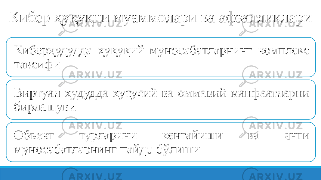 Кибер ҳуқуқни муаммолари ва афзалликлари Киберҳудудда ҳуқуқий муносабатларнинг комплекс тавсифи Виртуал ҳудудда хусусий ва оммавий манфаатларни бирлашуви Объект турларини кенгайиши ва янги муносабатларнинг пайдо бўлиши 