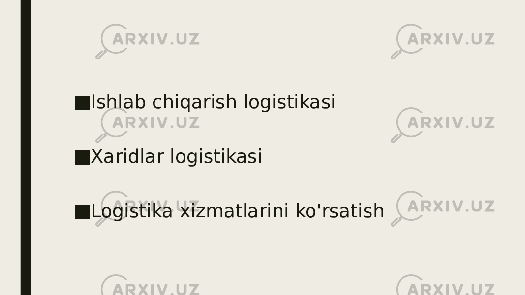 ■ Ishlab chiqarish logistikasi ■ Xaridlar logistikasi ■ Logistika xizmatlarini ko&#39;rsatish 