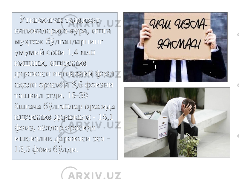  Ўтказилган тадқиқот натижаларига кўра, ишга муҳтож бўлганларнинг умумий сони 1,4 млн кишини, ишсизлик даражаси иқтисодий фаол аҳоли орасида 9,6 фоизни ташкил этди. 16-30 ёшгача бўлганлар орасида ишсизлик даражаси - 15,1 фоиз, аёллар орасида ишсизлик даражаси эса - 13,3 фоиз бўлди. 