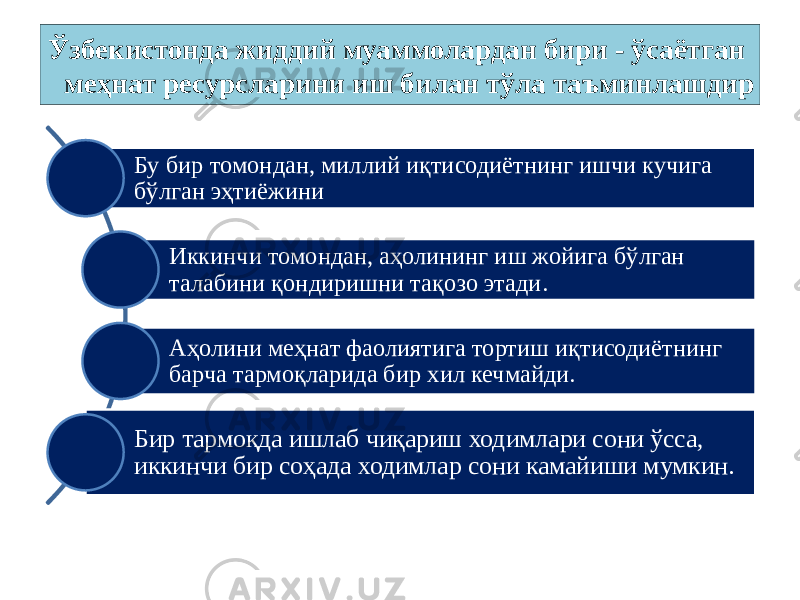 Ўзбекистонда жиддий муаммолардан бири - ўсаётган меҳнат ресурсларини иш билан тўла таъминлашдир Бу бир томондан, миллий иқтисодиётнинг ишчи кучига бўлган эҳтиёжини Иккинчи томондан, аҳолининг иш жойига бўлган талабини қондиришни тақозо этади. Аҳолини меҳнат фаолиятига тортиш иқтисодиётнинг барча тармоқларида бир хил кечмайди. Бир тармоқда ишлаб чиқариш ходимлари сони ўсса, иккинчи бир соҳада ходимлар сони камайиши мумкин. 