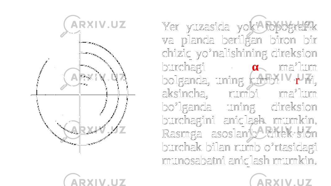 Yer yuzasida yoki topografik va planda berilgan biron bir chiziq yo’nalishining direksion burchagi – α ma’lum bolganda, uning rumbi – r ni, aksincha, rumbi ma’lum bo’lganda uning direksion burchagini aniqlash mumkin. Rasmga asoslanib direk-sion burchak bilan rumb o’rtasidagi munosabatni aniqlash mumkin. 