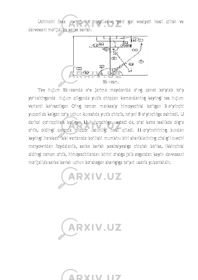 Uchinchi faza - «hujumni tugallash», yani gol vaziyati hosil qilish va darvozani moʻljallab zarba berish. 65- rasm . Tez hujum 65- rasmda o ʻ z jarima maydonida o ʻ ng qanot bo ʻ ylab to ʻ p yo ʻ naltirganda - hujum qilganda yutib chiqqan komandaning keyingi tez hujum varianti ko ʻ rsatilgan O ʻ ng tomon markaziy himoyachisi bo ʻ lgan 3- o ʻ yinchi yuqorilab kelgan to ʻ p uchun kurashda yutib chiqib , to ʻ pni 8- o ʻ yinchiga oshiradi . U darhol qo ʻ riqchisiz bo ʻ lgan 11- hujumchiga uzatadi - da , o ʻ zi katta tezlikda olg ʻ a o ʻ tib , oldingi qatorda miqdor ustunligi hosil qiladi . 11- o ʻ yinchining bundan keyingi harakati ikki variantda bo ʻ lishi mumkin : biri sheriklarining chalg ʻ i - tuvchi manyovridan foydalanib , zarba berish pozitsiyasiga chiqish bo ʻ lsa , ikkinchisi oldingi tomon o ʻ tib , himoyachilardan birini o ʻ ziga jalb etgandan keyin darvozani mo ʻ ljallab zarba berish uchun bo ʻ shagan sherigiga to ʻ pni uzatib yuborishdir . 