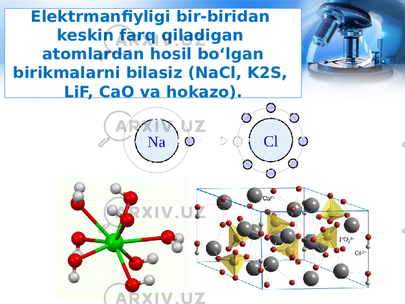 Elektrmanfiyligi bir-biridan keskin farq qiladigan atomlardan hosil bo‘lgan birikmalarni bilasiz (NaCl, K2S, LiF, CaO va hokazo). 