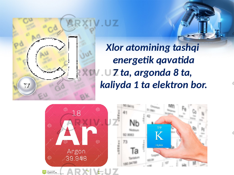 Xlor atomining tashqi energetik qavatida 7 ta, argonda 8 ta, kaliyda 1 ta elektron bor. 
