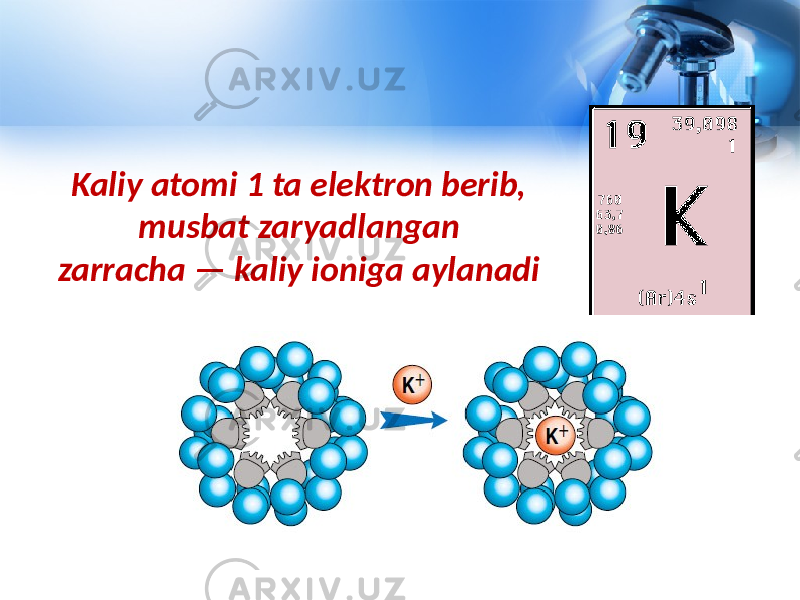 Kaliy atomi 1 ta elektron berib, musbat zaryadlangan zarracha — kaliy ioniga aylanadi 