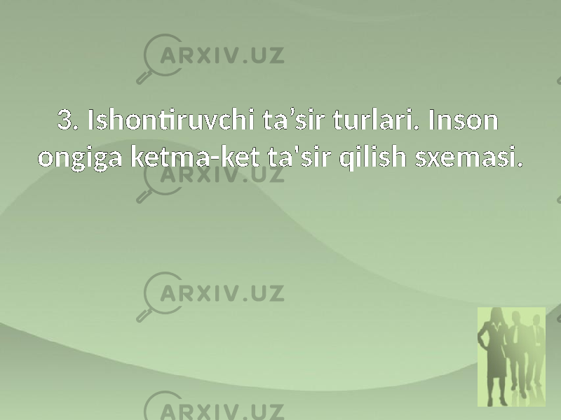 3. Ishontiruvchi ta’sir turlari. Inson ongiga ketma-ket ta&#39;sir qilish sxemasi. 