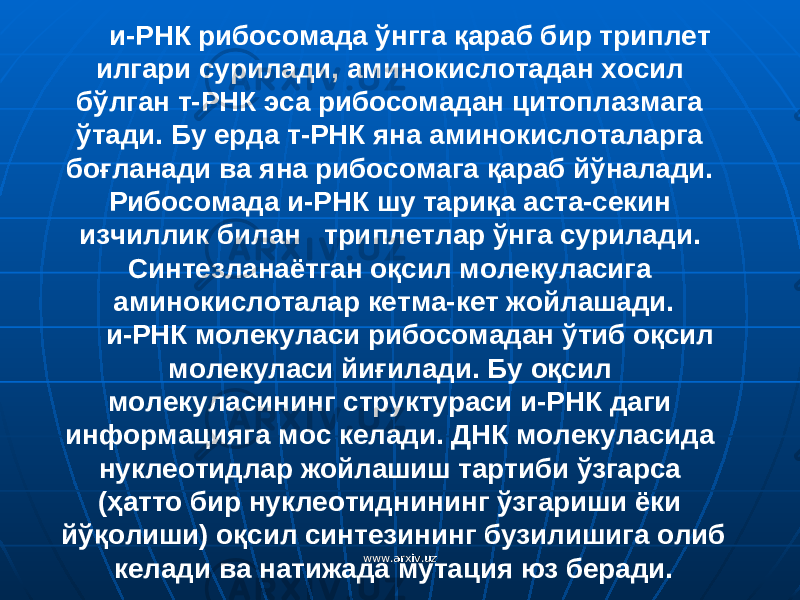 и-РНК рибосомада ўнгга қараб бир триплет илгари сурилади, аминокислотадан хосил бўлган т-РНК эса рибосомадан цитоплазмага ўтади. Бу ерда т-РНК яна аминокислоталарга боғланади ва яна рибосомага қараб йўналади. Рибосомада и-РНК шу тари қ а аста - секин изчиллик билан триплетлар ў нга сурилади. Синтезланаётган о қ сил молекуласига ам и нокислоталар кетма-кет жойлашади. и-РНК молекуласи рибосомадан ў тиб о қ сил молекуласи йи ғ ил ади. Бу о қ сил молекуласининг структураси и-РНК даги информацияга мос келади. ДНК молекуласида нуклеотидлар жойлашиш тартиби ўзгарса (ҳатто бир нуклеотиднининг ўзгариши ёки йўқолиши) оқсил синтезининг бузилишига олиб келади ва натижада мутация юз беради. www.arxiv.uzwww.arxiv.uz 